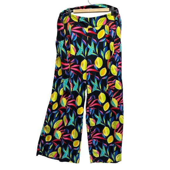 Tabitha Brown Linen Blend Pants Sz L Lemon Print Wide Leg Belted Palazzo - Picture 1 of 11